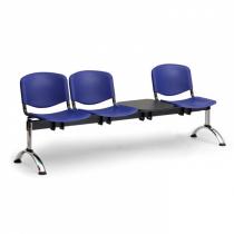 Plastová lavice do čekáren ISO, 3-sedák + stolek, modrá, chrom nohy
