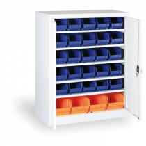 Skříň s plastovými boxy 1150x920x400 mm, 30xB/4xC, šedá/modré dveře