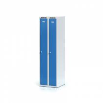 Kovová šatní skříňka zúžená, modré dveře, cylindrický zámek
