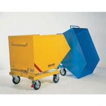  Pojízdný výklopný kontejner se sítem a výpustným kohoutem, bez kapes na vysokozdvižný vozík, objem 400 l, žlutý